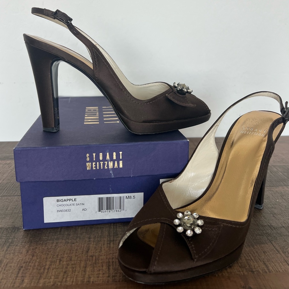 Stuart Weitzman brown satin slingback platform 8.5